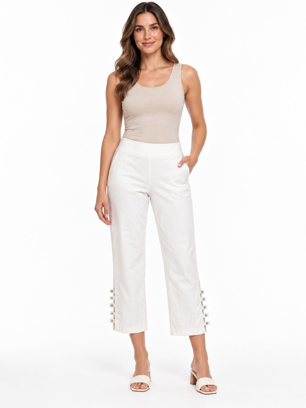 White Cropped Button-Detail Pants